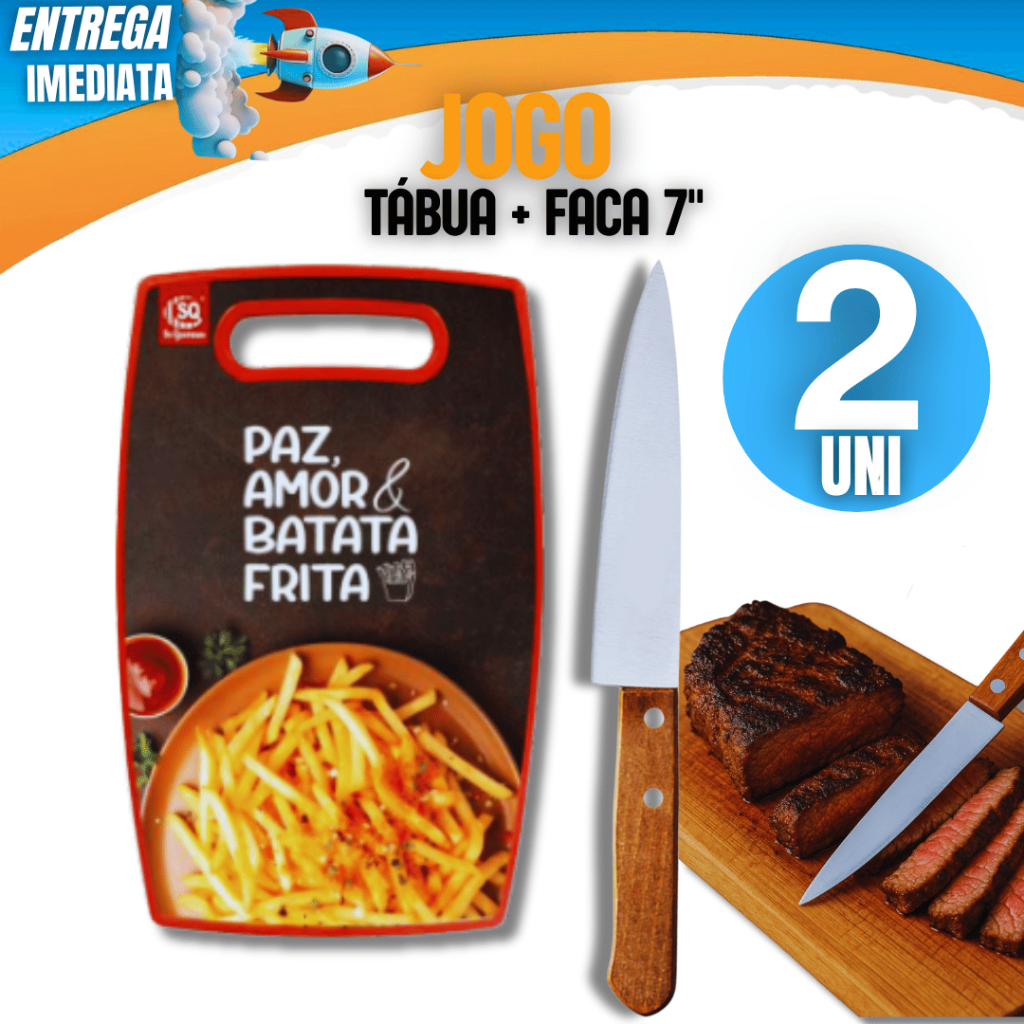 02 Pç - Tabua para Cortes Estampada Linha Premium Variáveis Utilidades Faca Cabo de Madeira 7" Resistência Durabilidade
