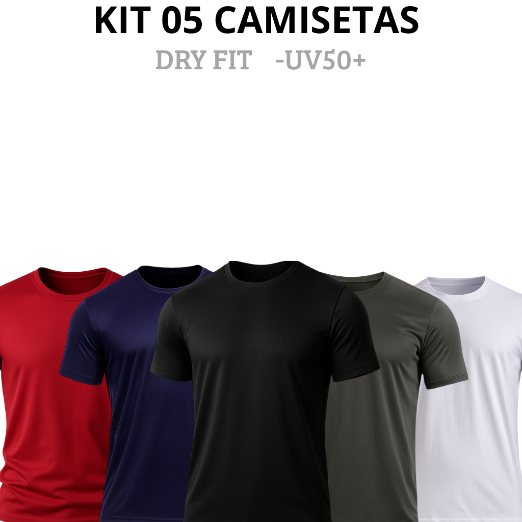 Kit 5 Camisetas Poliéster DryFit Masculina Lisa Academia +Corrida +Casual Confortável+CrossFit