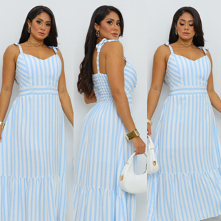 Vestido Midi Feminino com Alça Listra com Bojo Forro e Lastex nas Costas Tecido Moda Social Festa em Oferta na Shopee