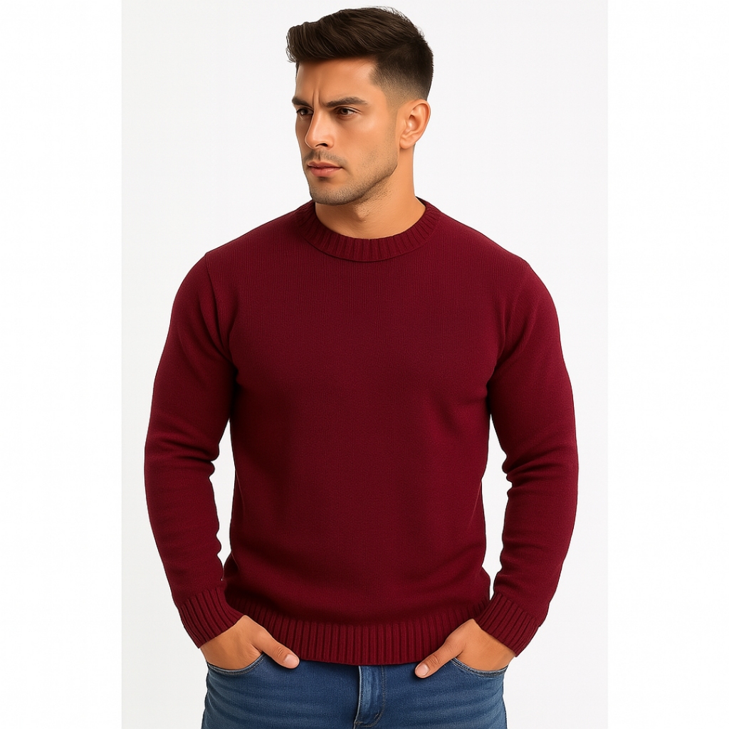 Suéter Tricot Masculino Liso Básico Casaco Blusa de Frio Gola Redonda Sem Estampa em Lã