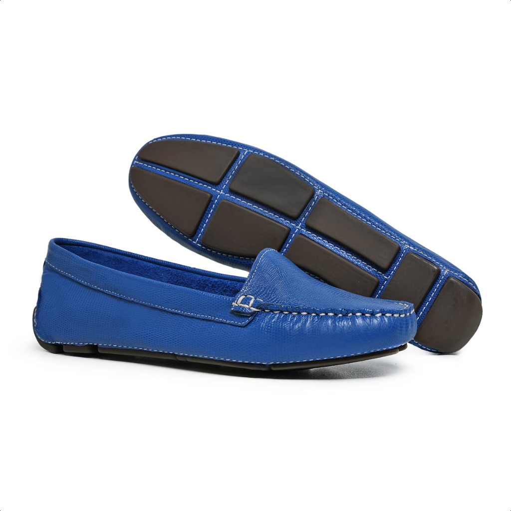 Mocassim Feminino Cobra Azul 100% couro Legitimo Sapato Leve Macio e Confortável