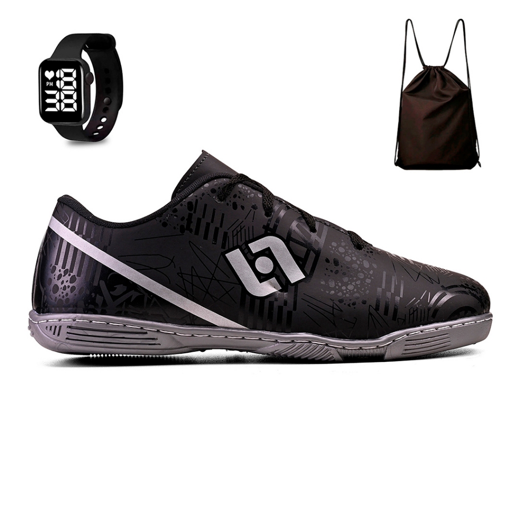 Kit Chuteira Masculina Indoor Quadra Futebol Salao Costurada + Mochila e Relogio