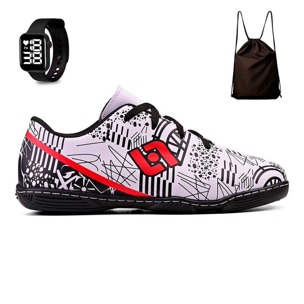 Kit Chuteira Masculina Indoor Quadra Futebol Salao Costurada + Mochila e Relogio em Oferta na Shopee