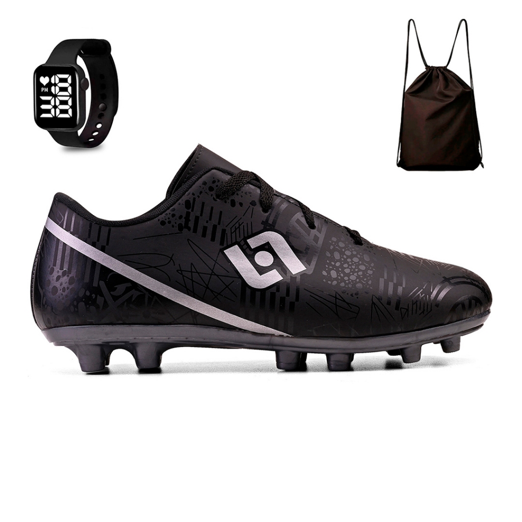 Kit Chuteira Masculina Adulto Trava Futebol Campo Costurada + Mochila e Relogio