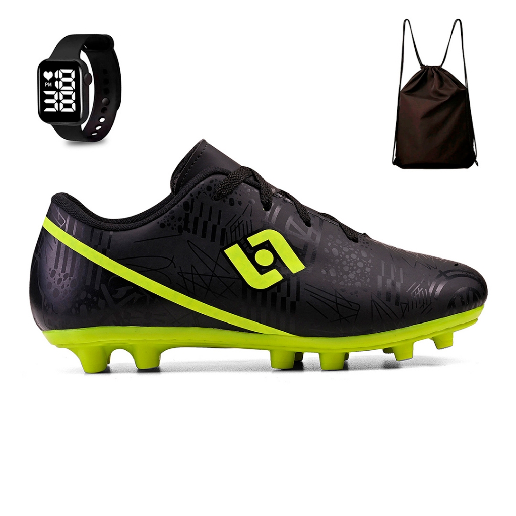 Kit Chuteira Masculina Adulto Trava Futebol Campo Costurada + Mochila e Relogio