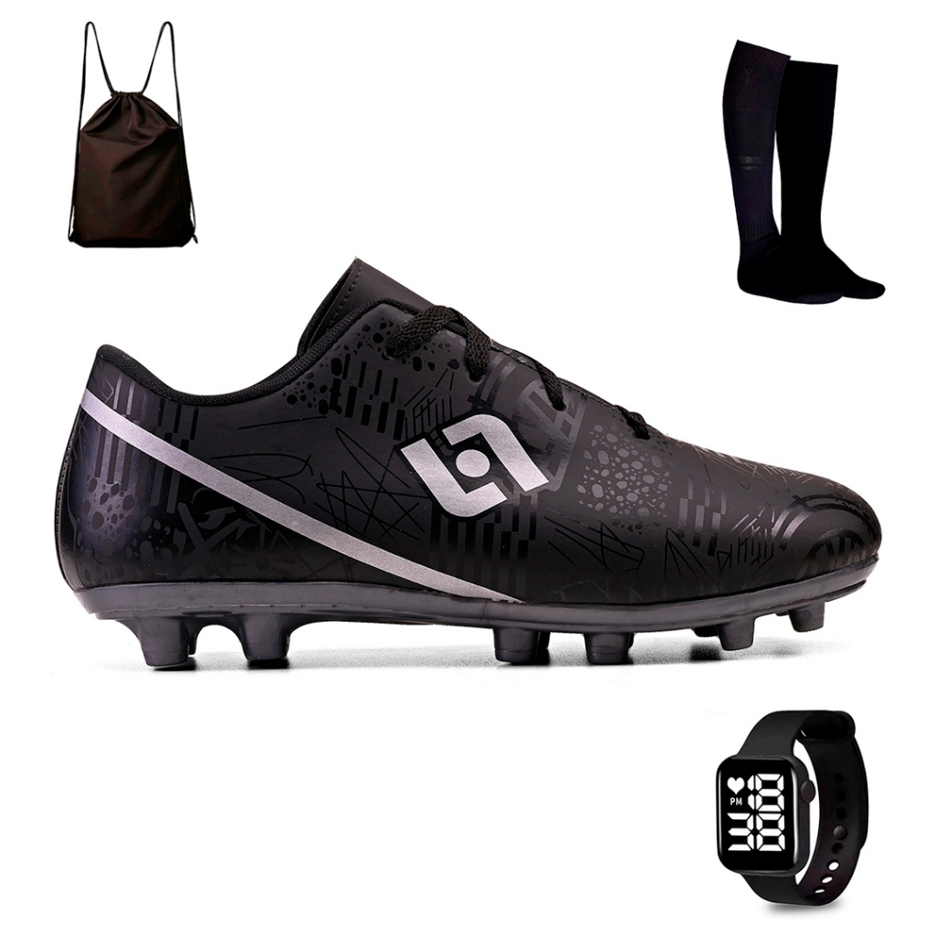 Kit Chuteira Masculina Adulto Trava Futebol Campo Costurada + Mochila Meiao e Relogio