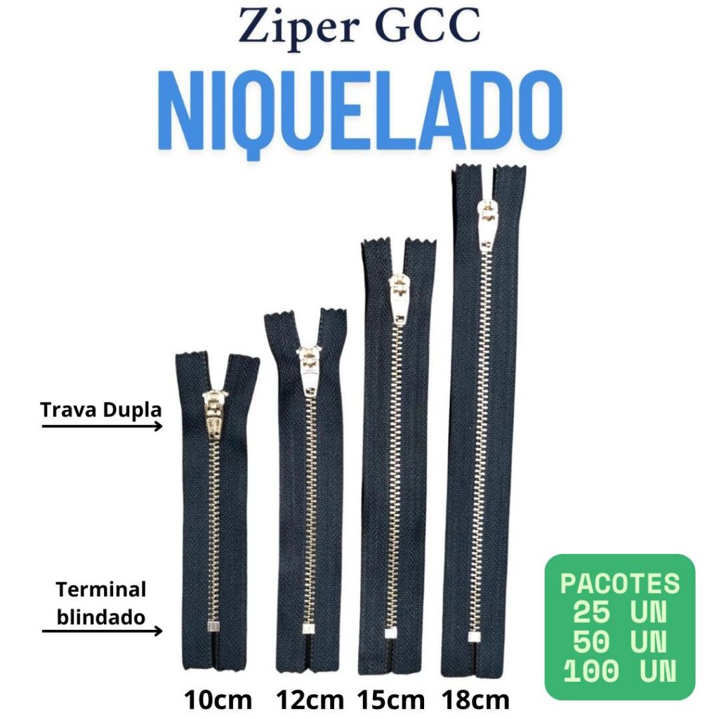 Ziper GCC de Metal NIQUEL Azul/Preto para jeans - Tamanhos 10,12,15,18 cm / Alta resistência / 25, 50 e 100 unidades