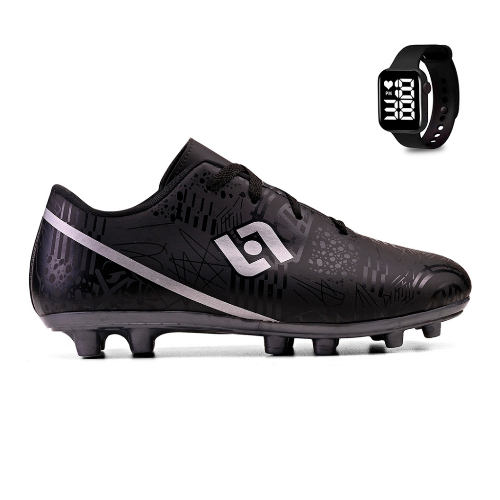 Kit Chuteira Masculina Adulto Trava Futebol Campo Costurada + Relogio