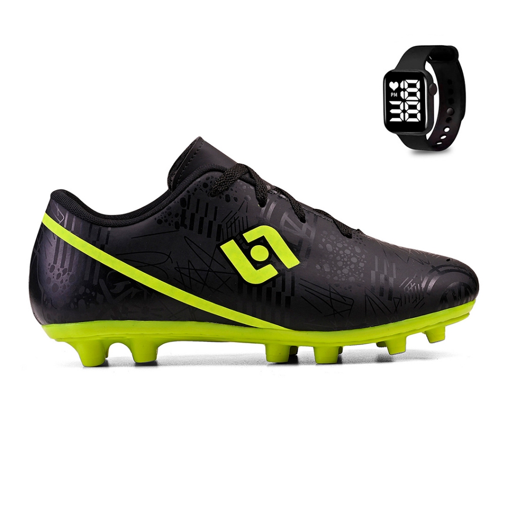 Kit Chuteira Masculina Adulto Trava Futebol Campo Costurada + Relogio