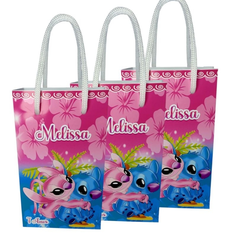 Sacolinha Personalizada Stitch e Angel para lembrancinha festa de aniversário/ Papel Fotográfico