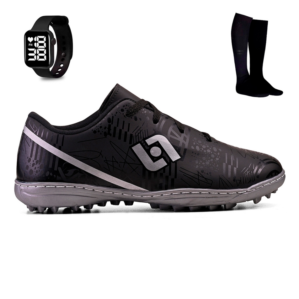Kit Chuteira Masculina Society Campo Sintetico Futebol Costurada + Meiao e Relogio