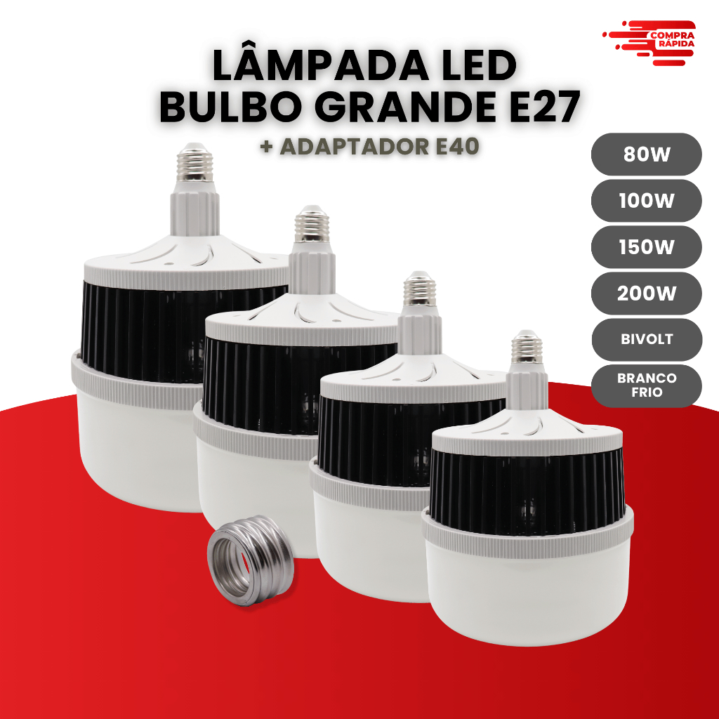 Lâmpada Led Bulbo 80w, 100w,150w e 200w Alta Potência Soquete E27 E40 Bivolt 110v|220v Branco Frio