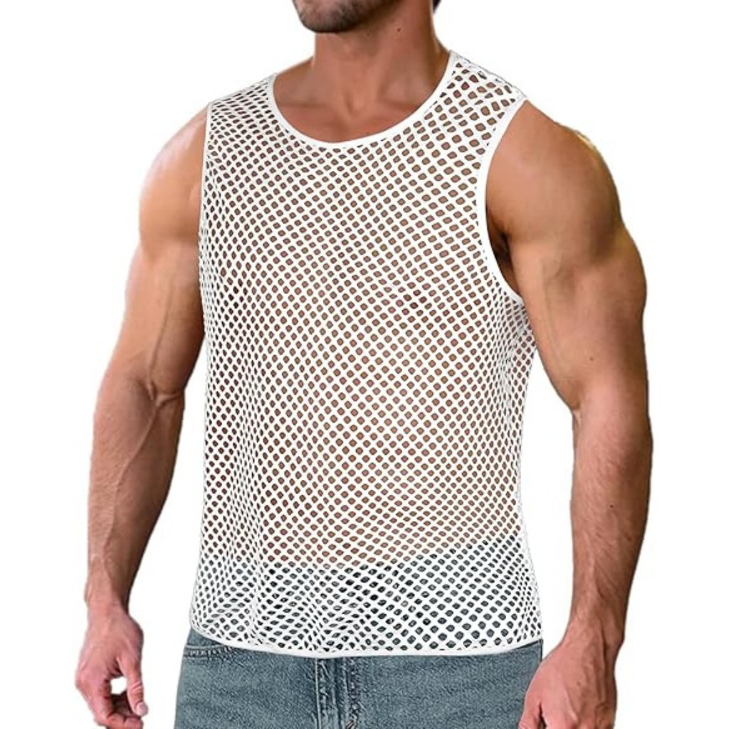 Camiseta Masculina De Malha Arrastão Com Transparência, Gola Redonda E Justa, Roupa De Balada em Oferta na Shopee