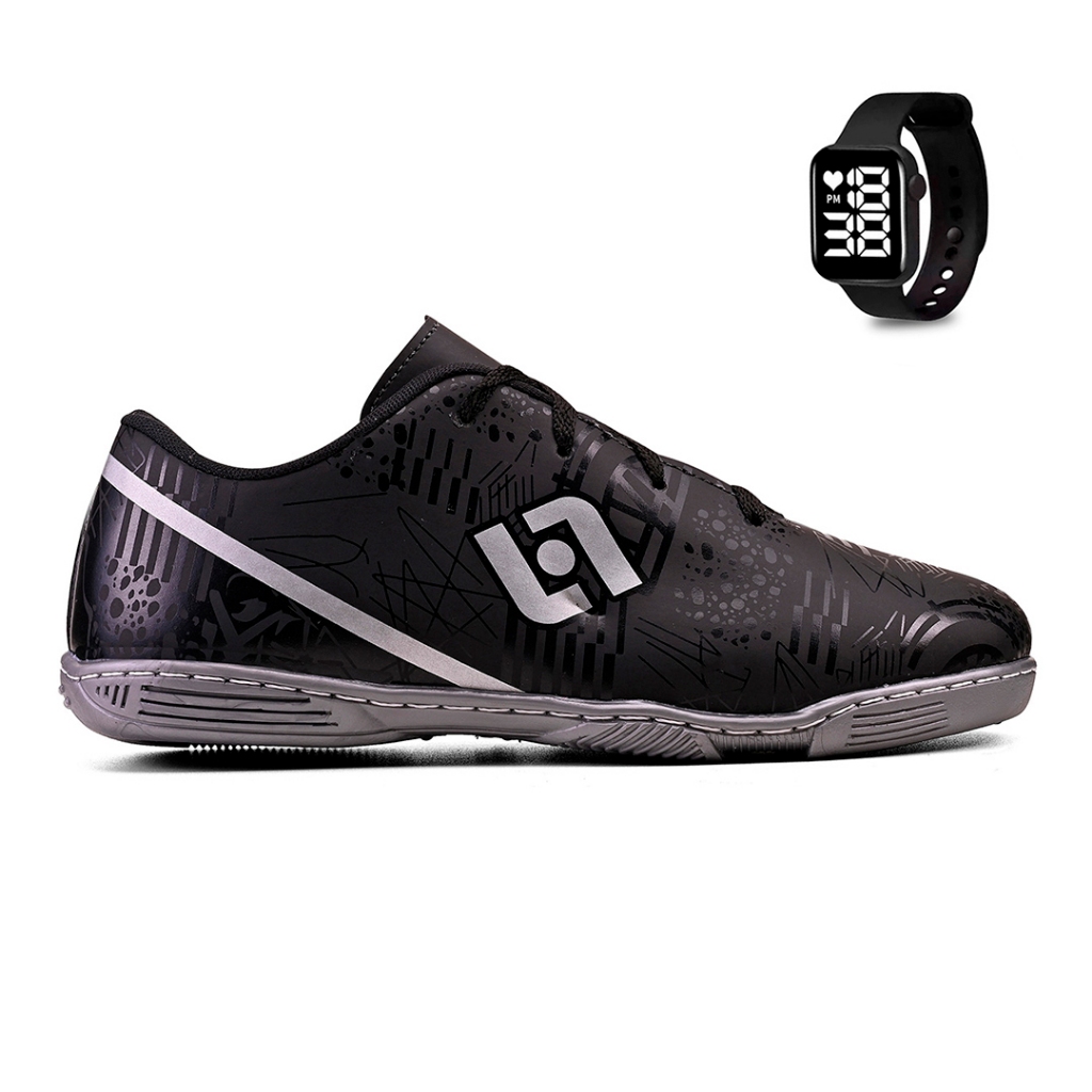 Kit Chuteira Masculina Indoor Quadra Futebol Salao Costurada + Relogio
