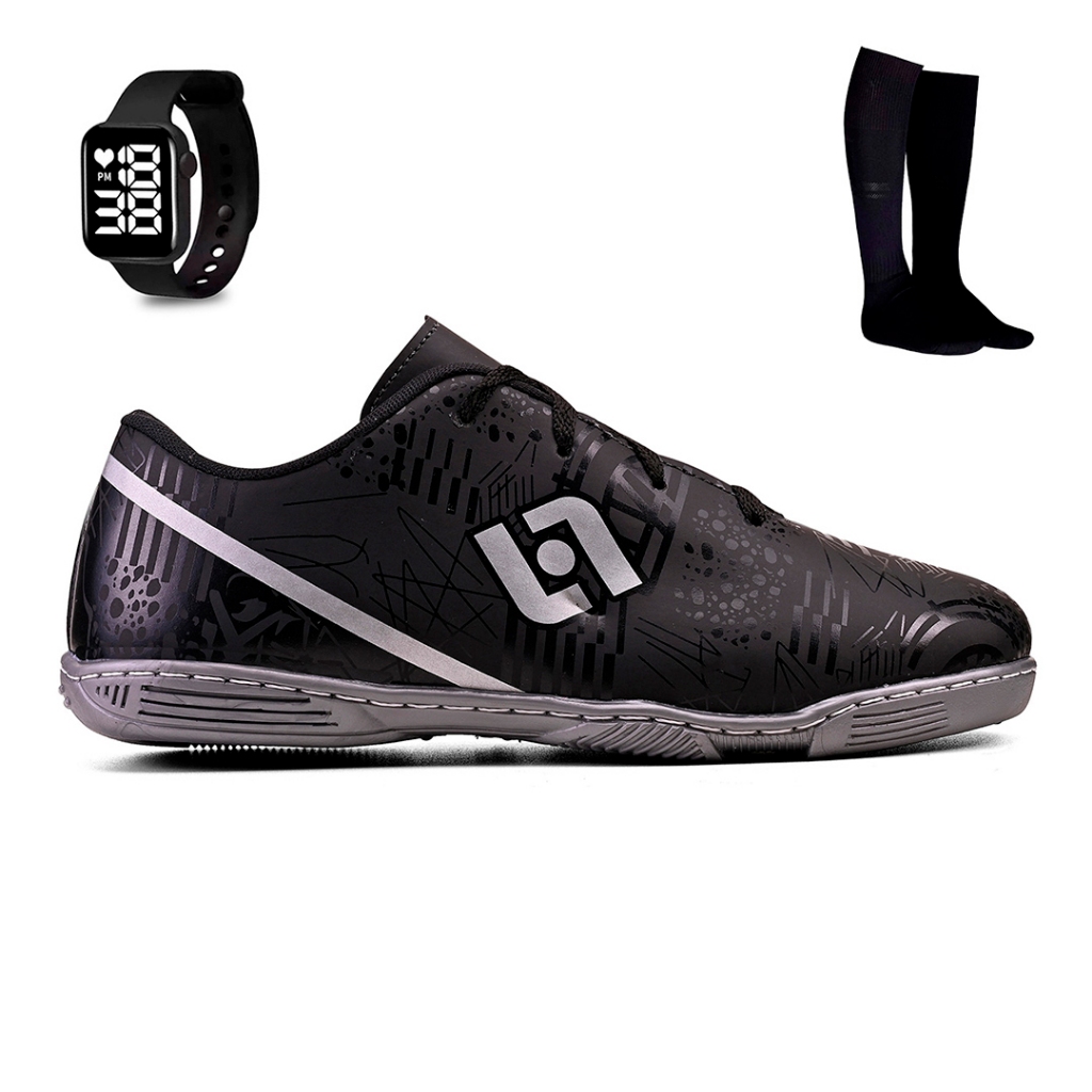 Kit Chuteira Masculina Indoor Quadra Futebol Salao Costurada + Meiao e Relogio em Oferta na Shopee
