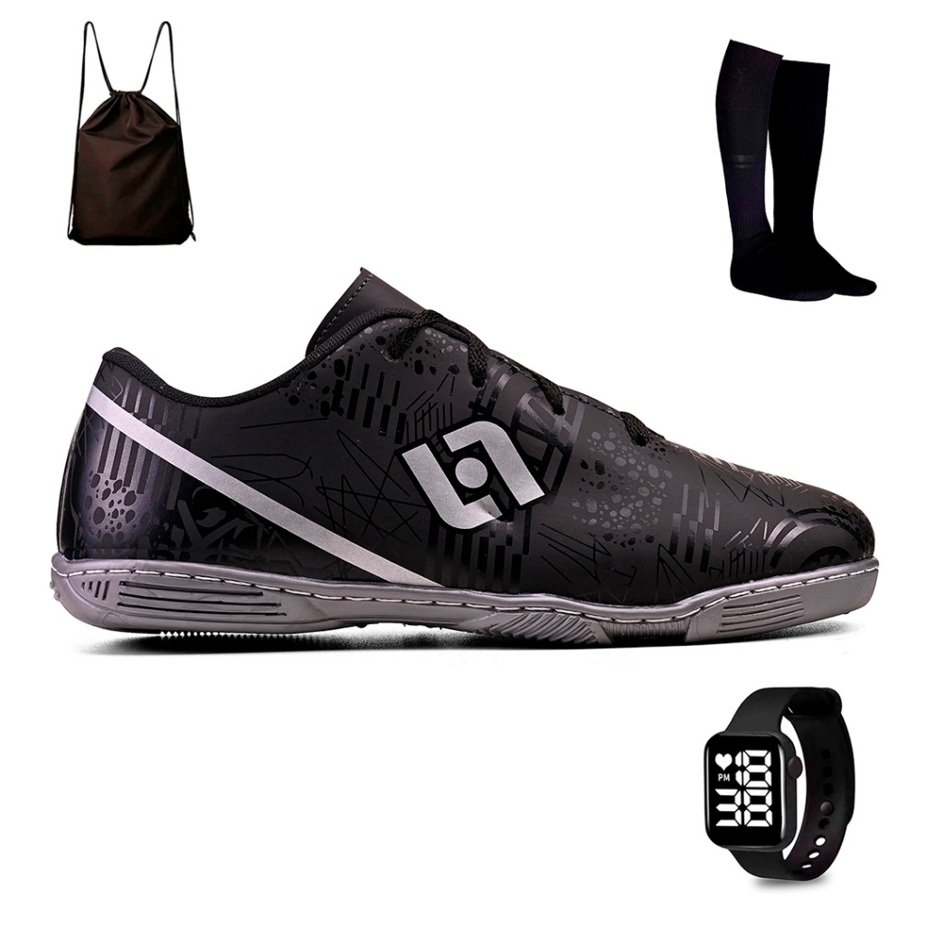 Kit Chuteira Masculina Indoor Quadra Futebol Salao Costurada + Mochila Meiao e Relogio