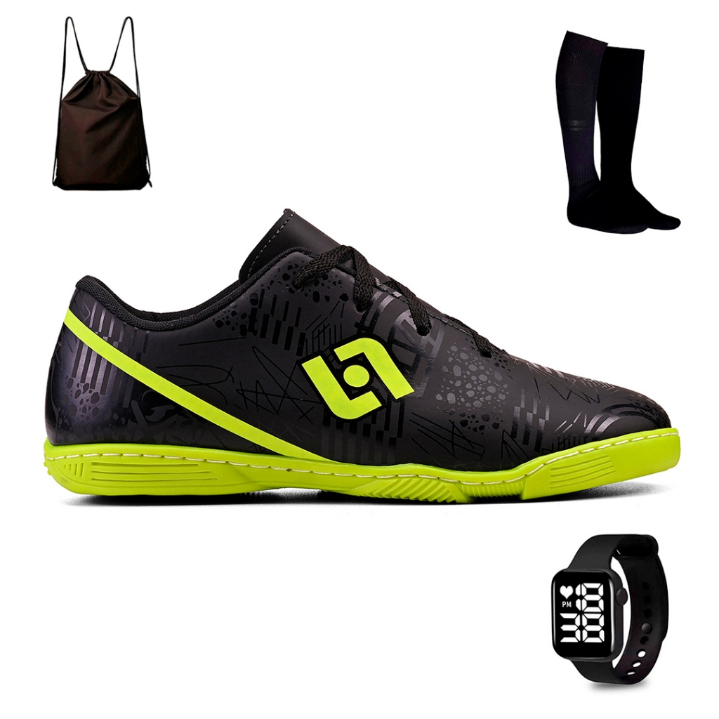 Kit Chuteira Masculina Indoor Quadra Futebol Salao Costurada + Mochila Meiao e Relogio em Oferta na Shopee