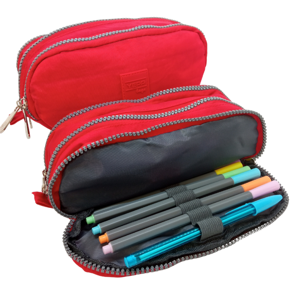 Estojo Escolar 3 Repartições Triplo Com Elástico Vermelho em Oferta na Shopee