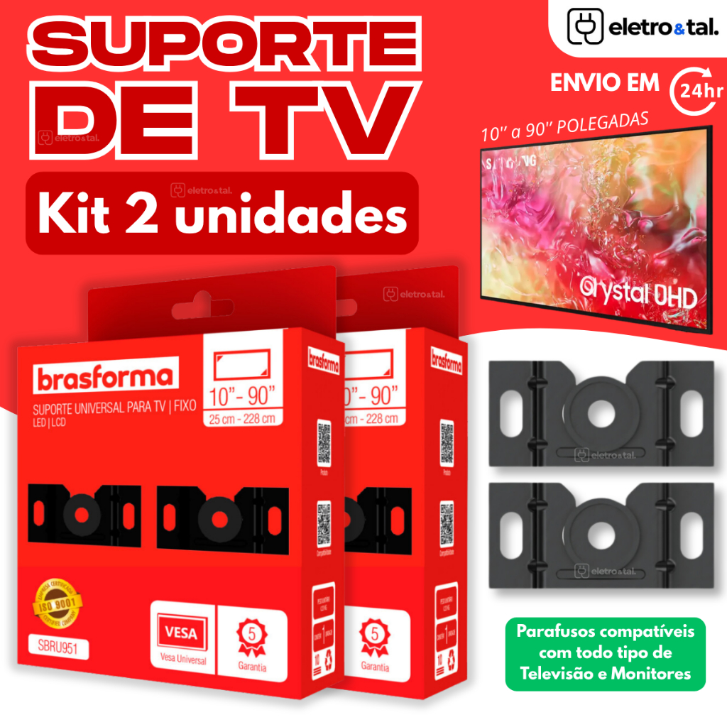 Kit 2 Suporte Tv Fixo Smart LED LCD 4K Parede Painel 10 24 32 43 50 55 60 75 100 Polegadas Brasforma