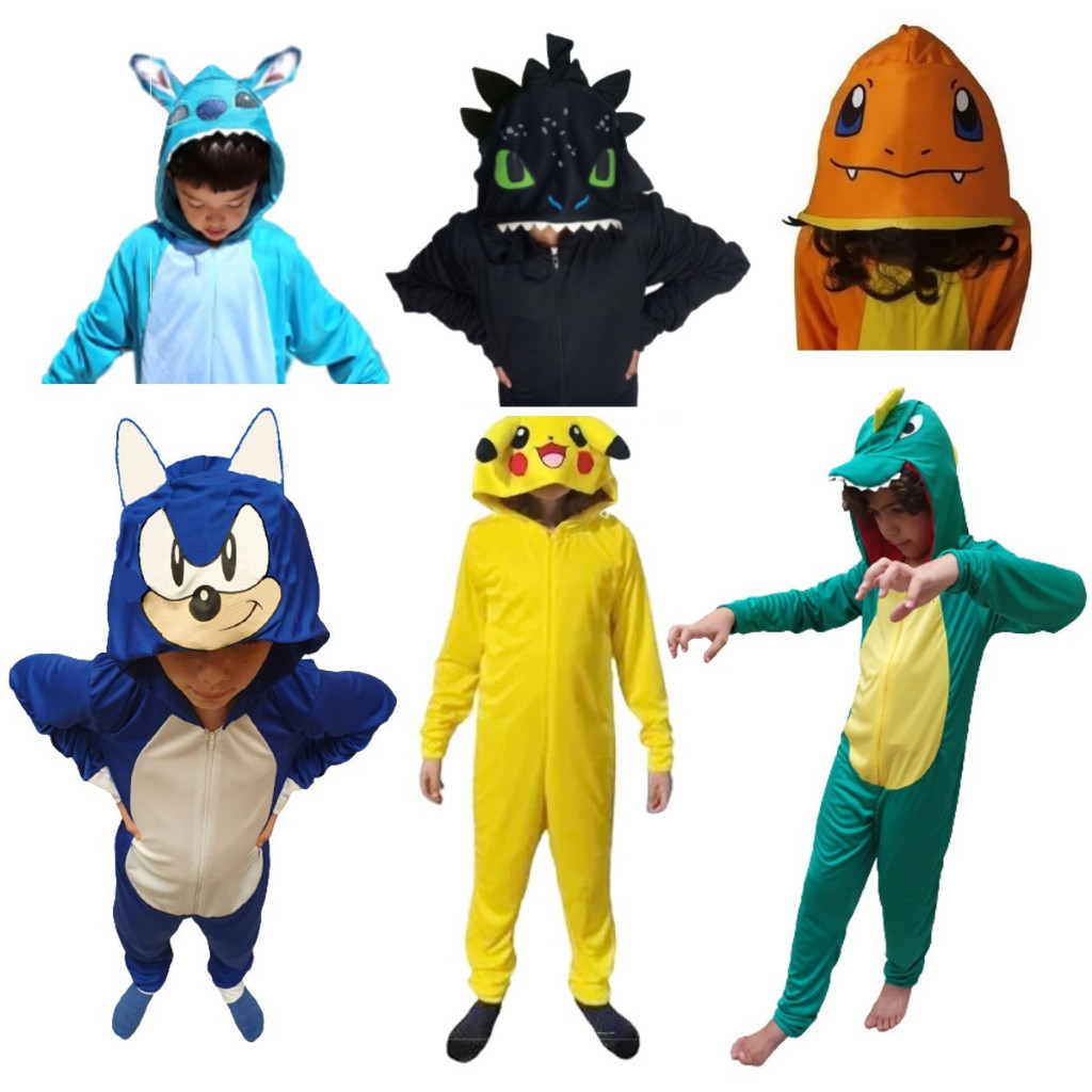 Fantasia Kigurumi Malha Leve Sonic Dino Pikachu Stitch Chamander Banguela Halloween
