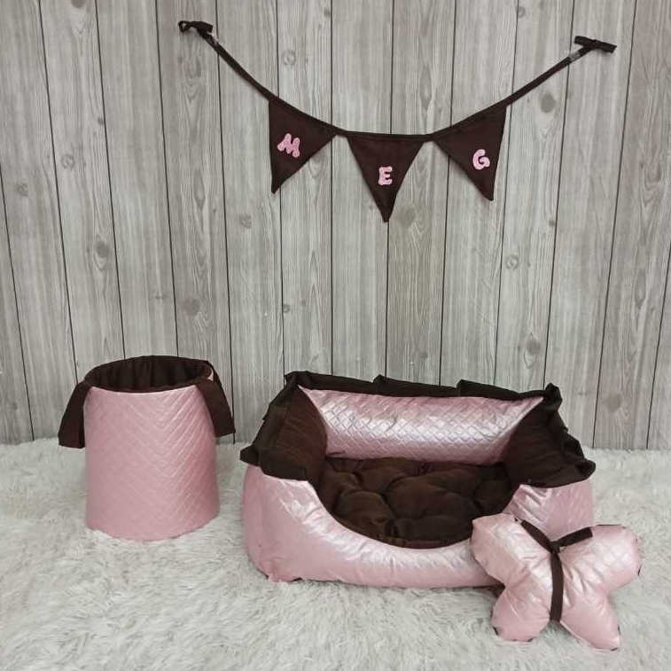 Cama Pet Cesto Organizador Brinquedo Courino Rosa Marro Almofada Removivel Caminha Com Ziper