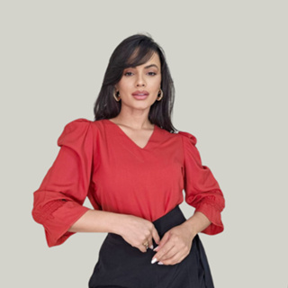Blusa Feminina Social Manga Longa Bufante Decote V Casual Estilosa em Oferta na Shopee