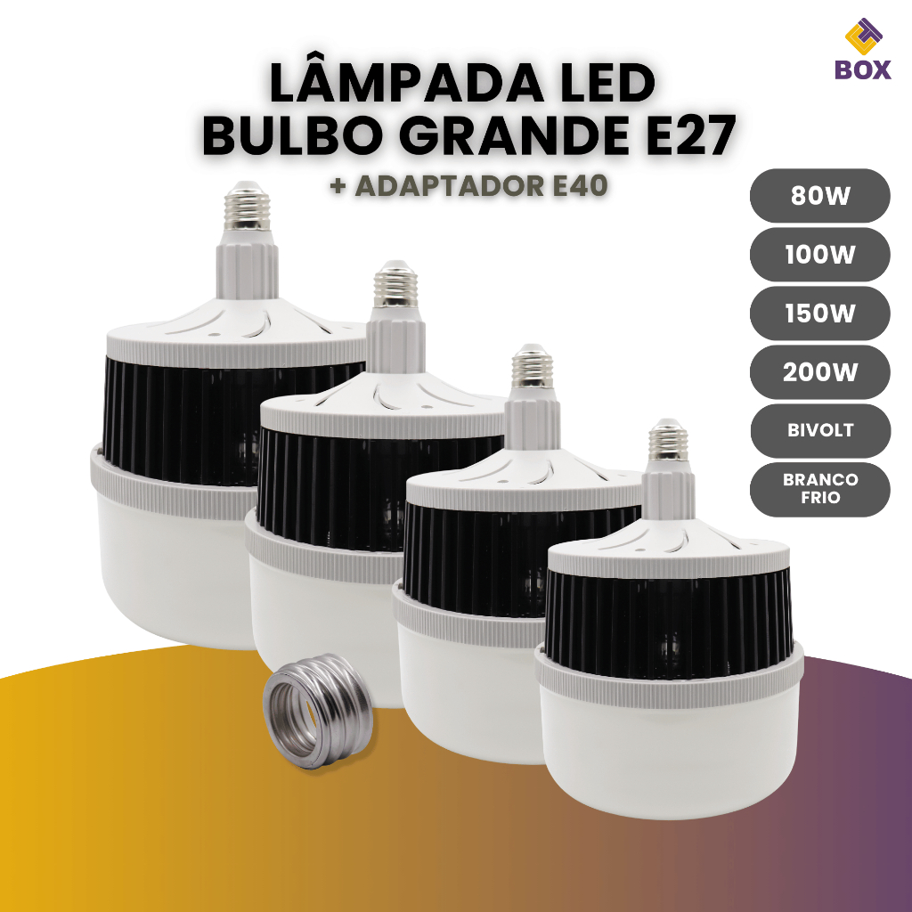 Lâmpada Bulbo 80w, 100w, 150w e 200w Com alta Potência Led Soquete E27 E40 Luz Branco Frio Bivolt em Oferta na Shopee
