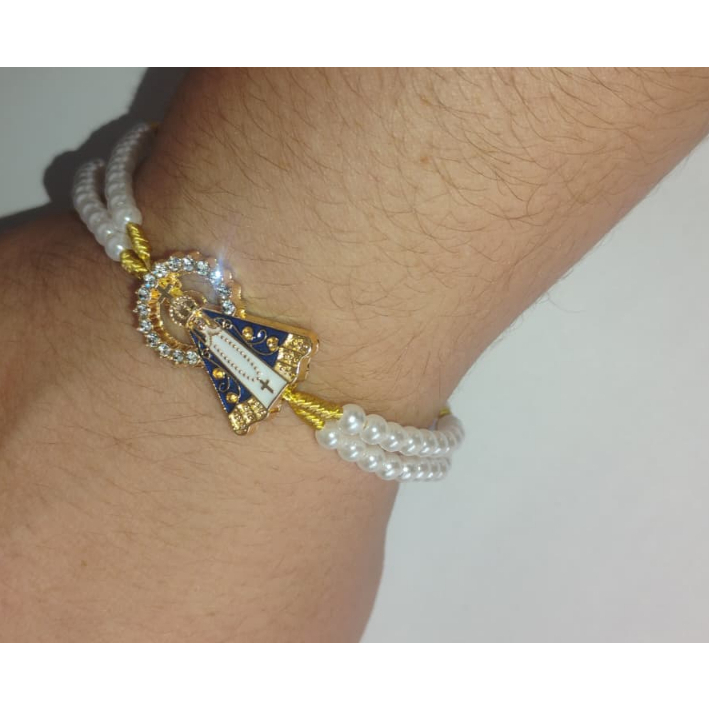 Terço De Pulso Pérola /Hematita Nossa Senhora Aparecida. em Oferta na Shopee