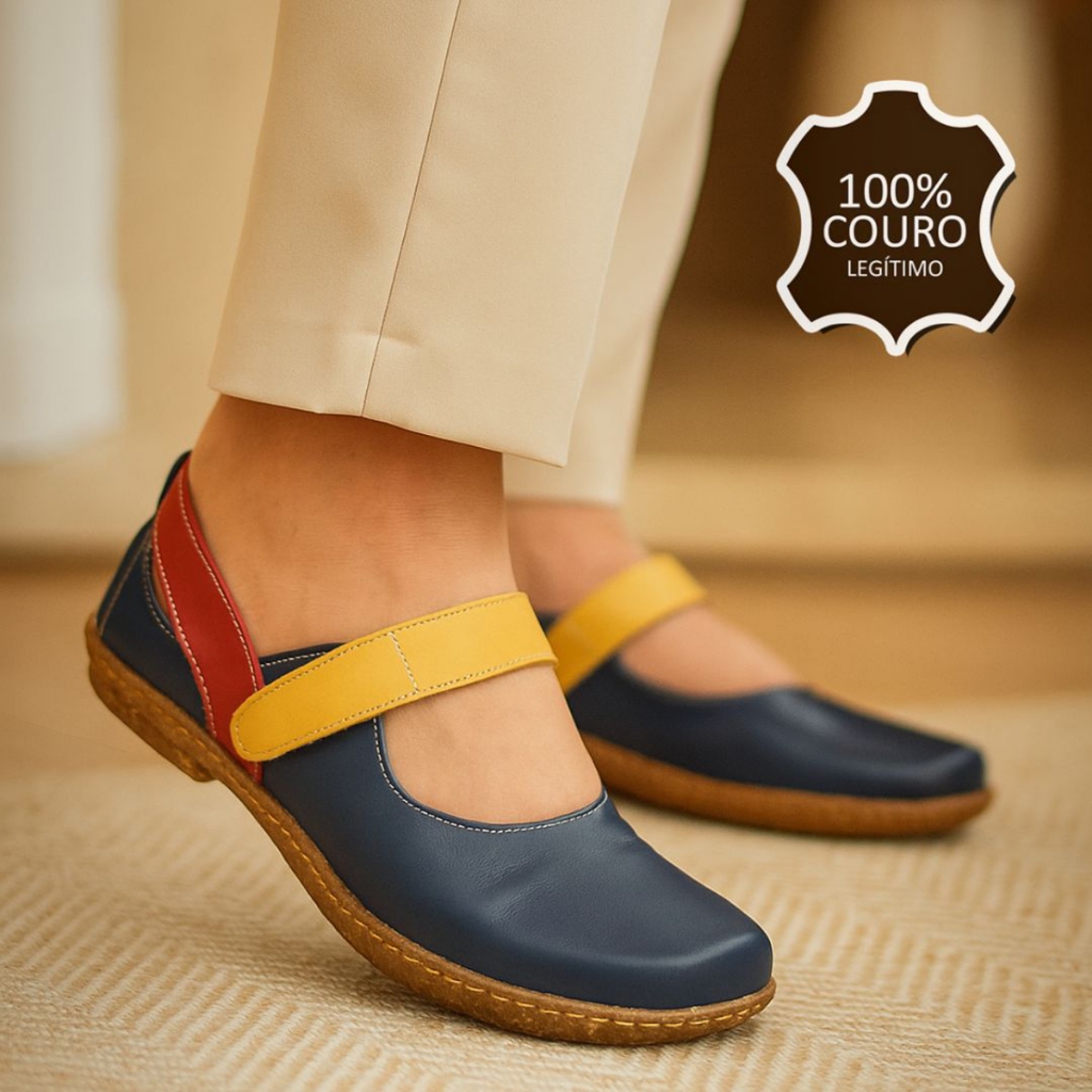 Sapatilha Boneca Feminina Couro Legítimo Confortável Boneca Azul Marinho Elegante Velcro LOLLA 47