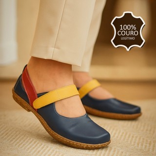 Sapatilha Boneca Feminina Couro Legítimo Confortável Boneca Azul Marinho Elegante Velcro LOLLA 47