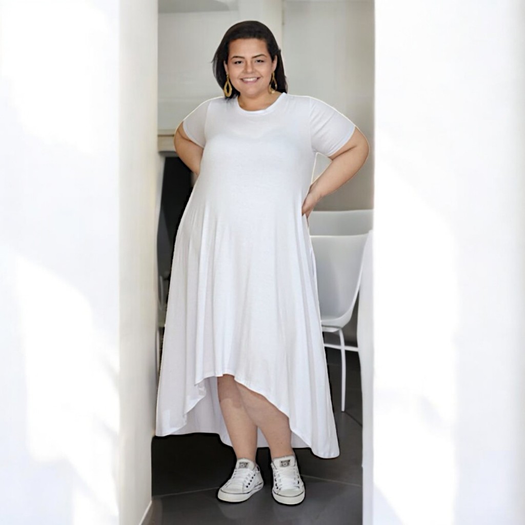 Vestido Plus Size Feminino Luxo Mullet Com Bolso Viscolycra Premium Moda Evangélica Casual Elegante Soltinho Midi