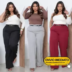 Calça Pantalona Plus Size Com Cinto Feminina Wide Leg Elástico C/ Bolso Cintura Alta Elegante