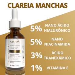 Sérum Facial Clareador Toda Top 30ml | Ácido Tranexâmico, Hialurônico, Niacinamida, Ilumina