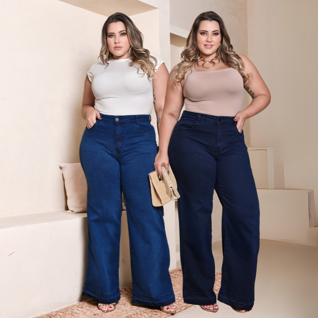 Calça Feminina Wide Leg Plus Size Média/Escura Cintura Alta Pantalona Com Lycra Barra Marcada