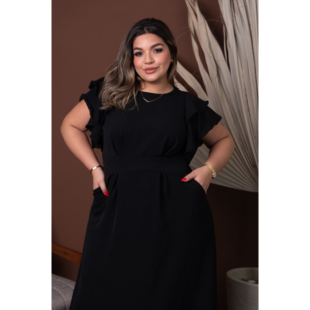 Detalhes do Vestido Longo Plus Size Manga Com Babado Moda Plus Conforto e Elegância Blogueira