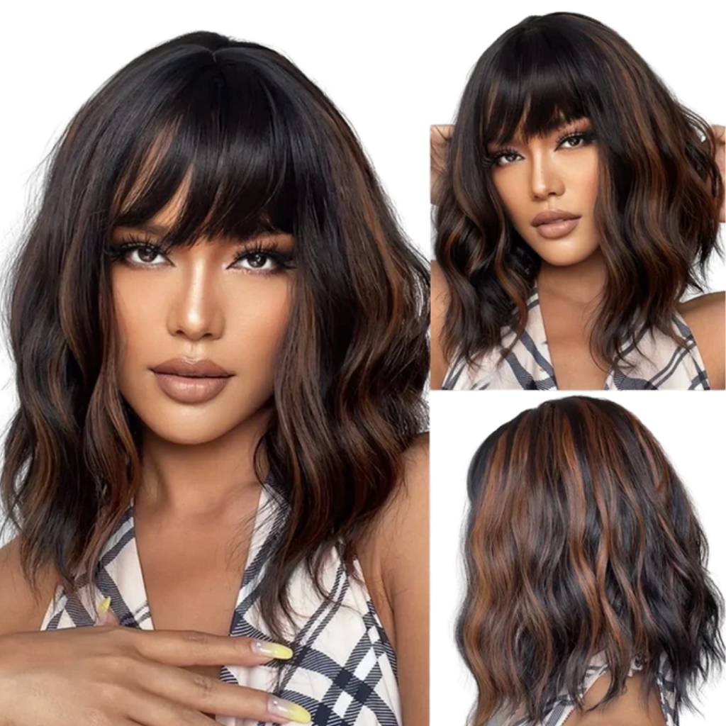 Peruca Ondulada Curta com Franja Wig Natural orgânica
