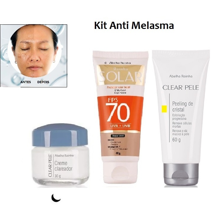 Kit Creme Clareador Noturno + Peeling de Cristal + Protetor Solar FPS 70 Com Cor de Base - Abelha Rainha