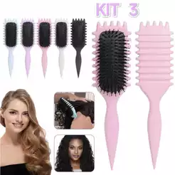 Kit 2/3 Escova De Ondulação De Cerdas De Javali-Com Pontas Para Reduzir Puxar E Separar Cachos Perfeitos