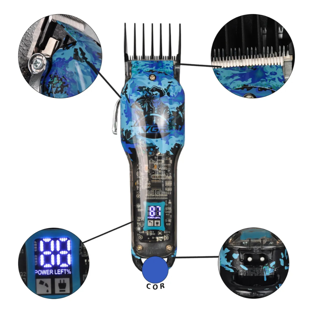 Máquina de Cortar Cabelo Profissional Visor Led 8 Pentes VGR Aparador Barbeador V-685