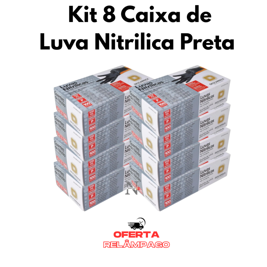 Kit 8 Caixas de Luva Nitrílica Preta Sem Pó - Uso Profissional - 800 Unidades