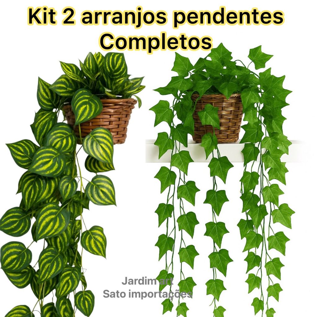 Conjunto com 2 Vasos Trançados e 4 Plantas Artificiais Verdes Suspensas para em Oferta na Shopee