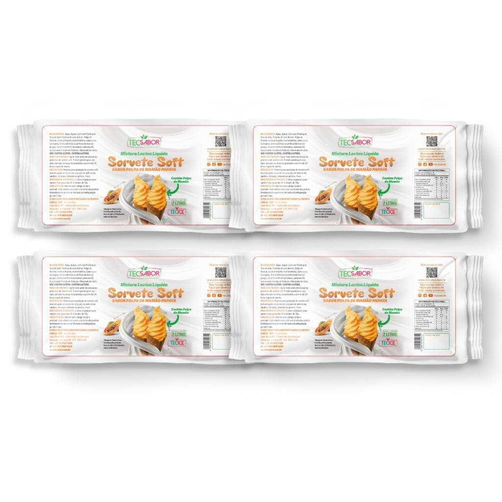 Kit 4x Sorvete Soft Líquido Mamão Com Polpa 2L - Tecsabor