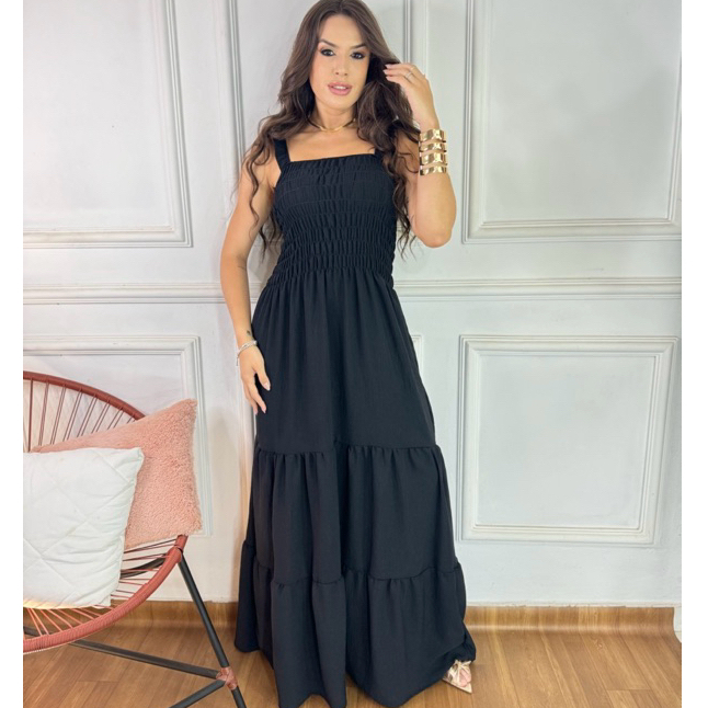 Longo Feminino Vestido Três Marias com Alça e Babado - Vestido em Duna 00033 em Oferta na Shopee