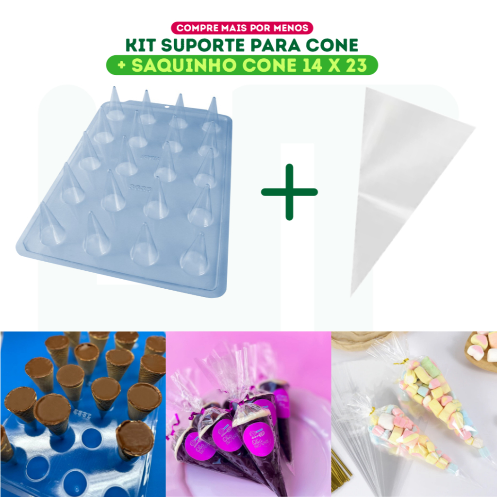 KIT Forma Suporte para Cone 3683 + Saquinho Cone Médio 14x23 cm  Transparente - 50 ~ 150 unidades em Oferta na Shopee