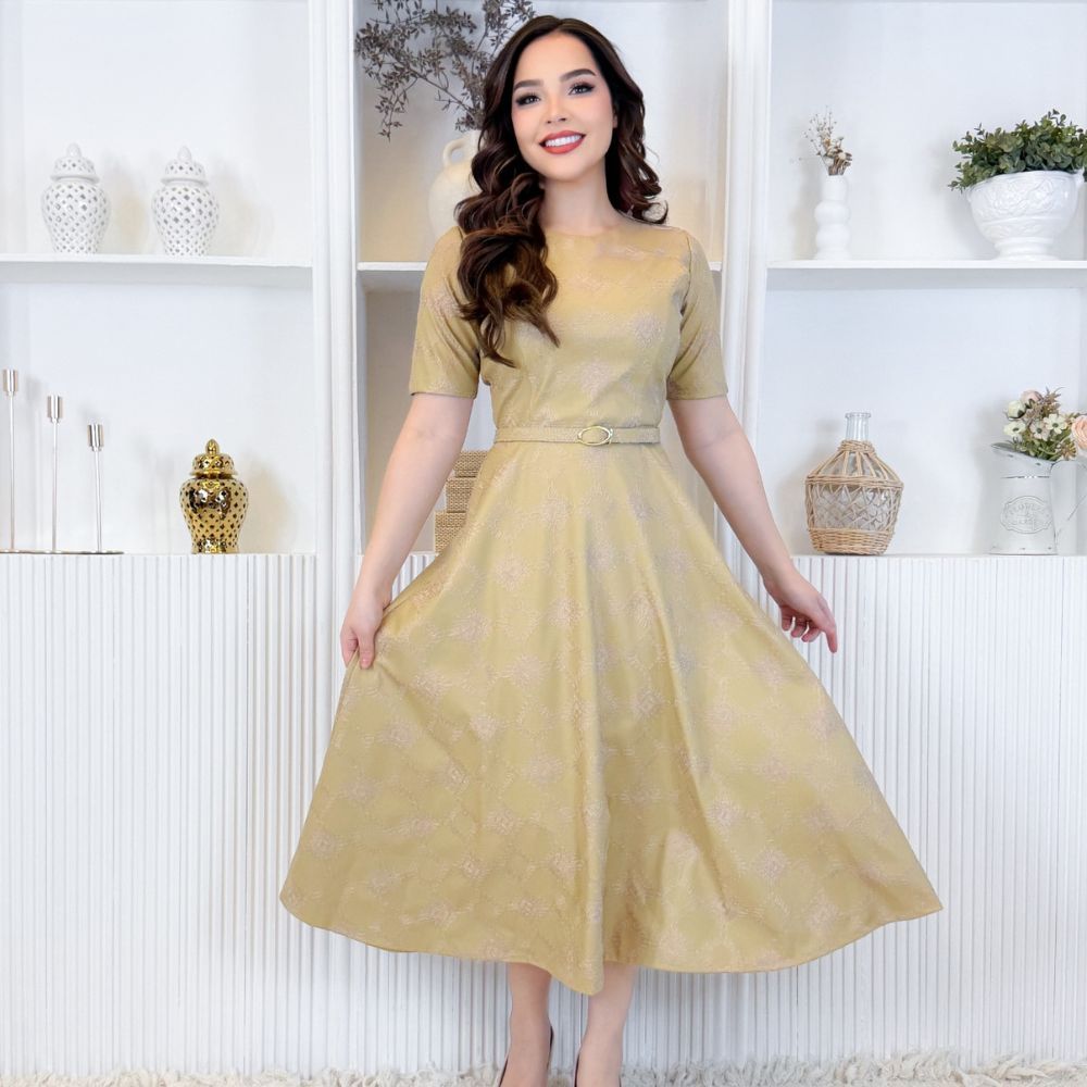 Vestido Midi Courino com Cinto Elegante | Com Elastano | Moda Feminina Modesta do P ao GG