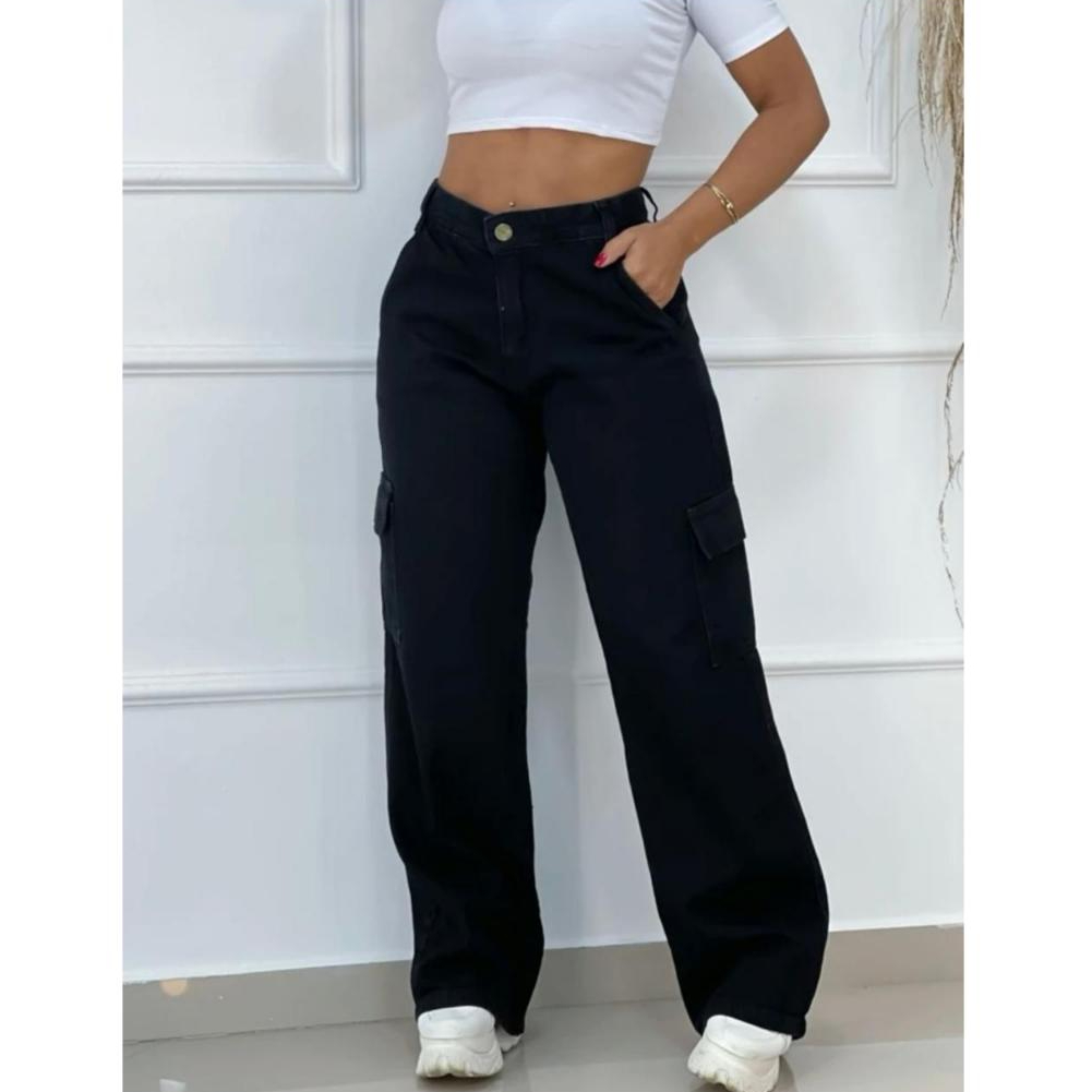 Calça Jeans Wide Leg Cargo Pantalona premium Cintura Alta bolsos lateral 100% Algodão Preta Perfeita