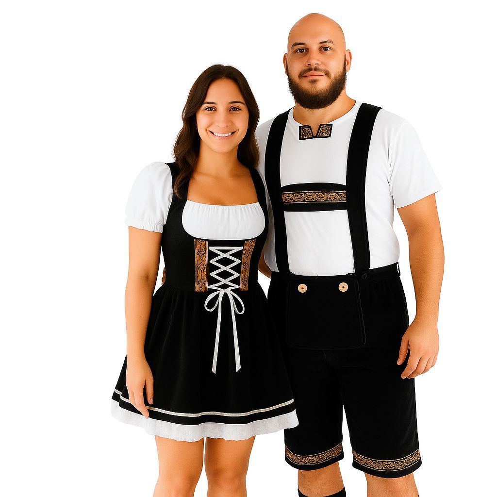Traje casal alemão suspensório e vestido oktoberfest fritz e frida na cor preta