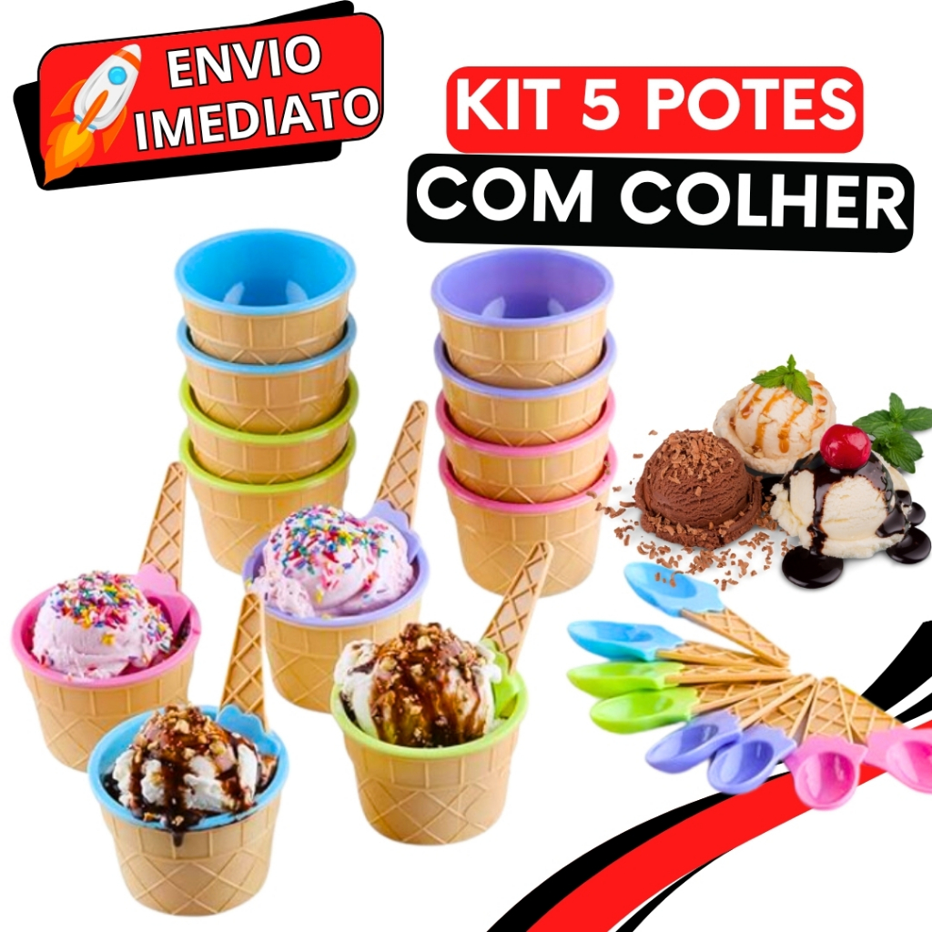 KIT Jogo 5 Unidades Tigela Pote de Plástico Tigela 200 ML Para Sobremesa Sorvete Açai Casquinha Sorvete + Colher