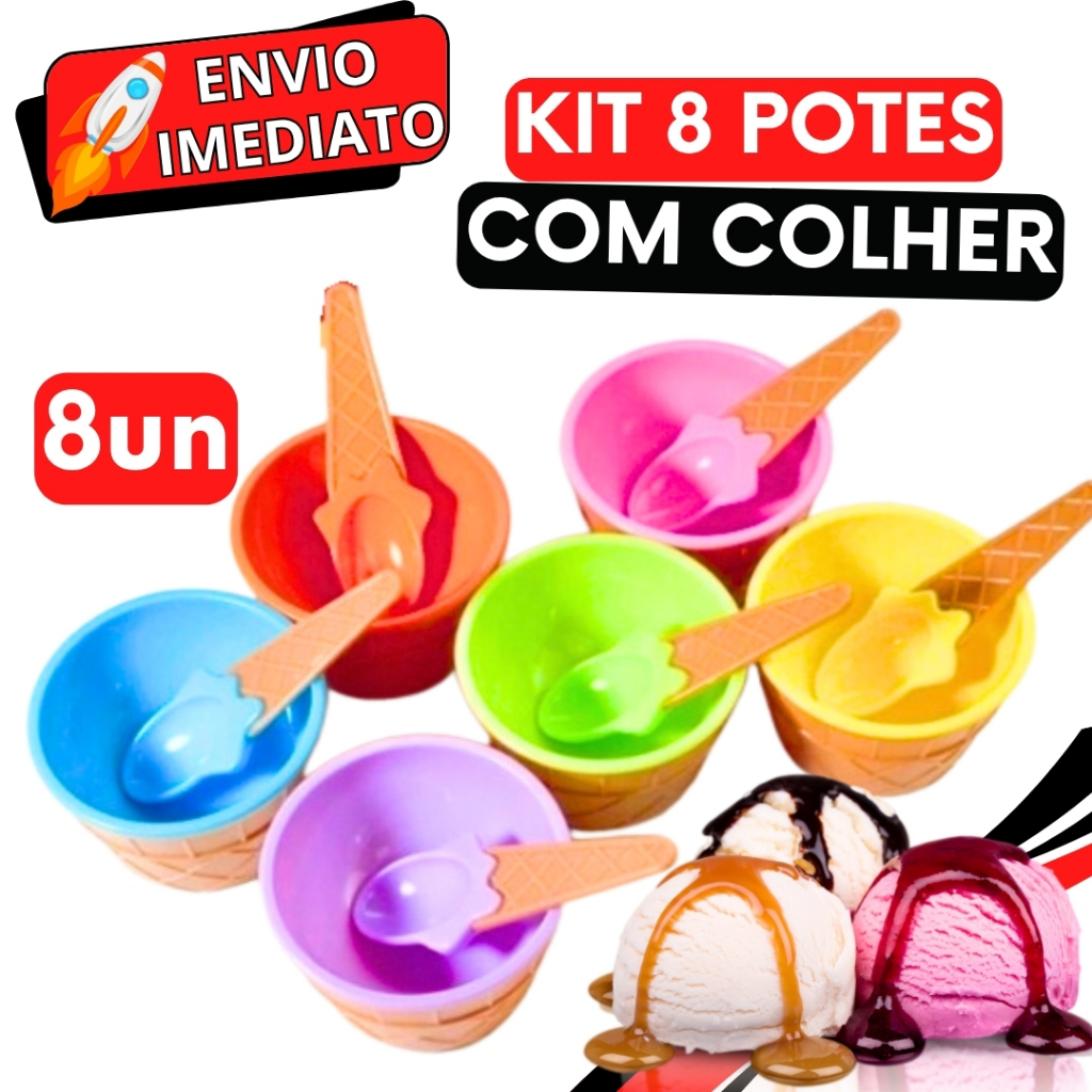 KIT Jogo 8 Unidades Tigela Pote de Plástico Tigela 200 ML Para Sobremesa Sorvete Açai Casquinha Sorvete + Colher