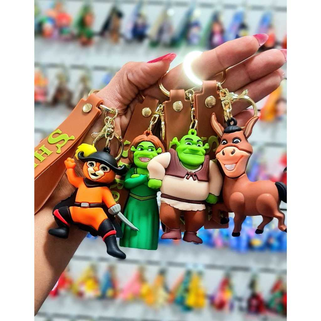 Chaveiro Personagens Shrek, Princesa Fiona, Burro, Gato de Bota